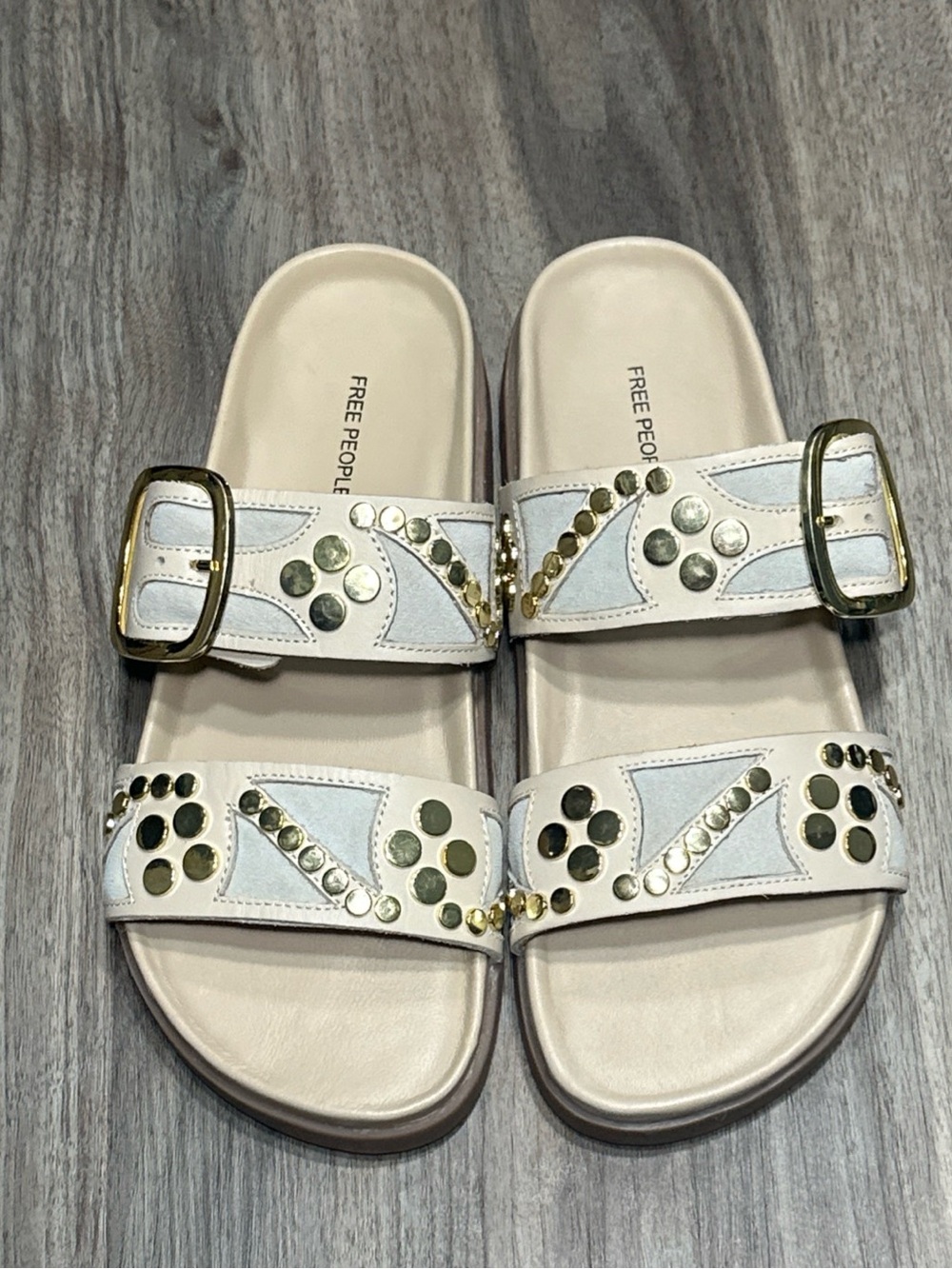 Free People Cream Slide Sandals with Gold Studs & Buckles